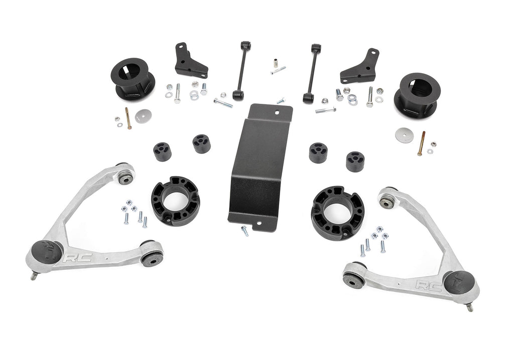 A display of the 3.5-inch Rough Country lift kit for Chevy Avalanche 1500, including sway bars and installation hardware