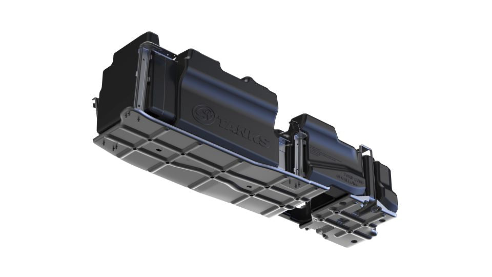 Close-up of the 60-gallon S&B replacement fuel tank for Ford Powerstroke 6.7L trucks