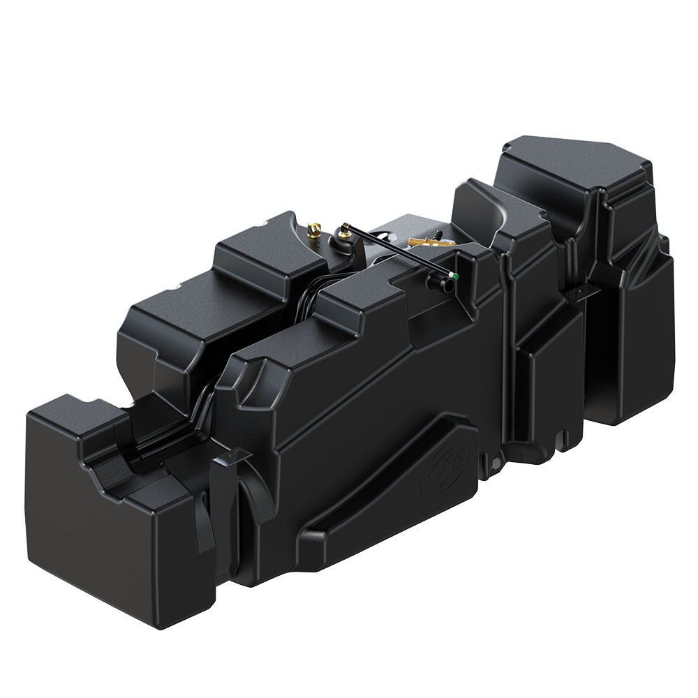 Close-up view of the 62-gallon replacement fuel tank for GM Duramax trucks