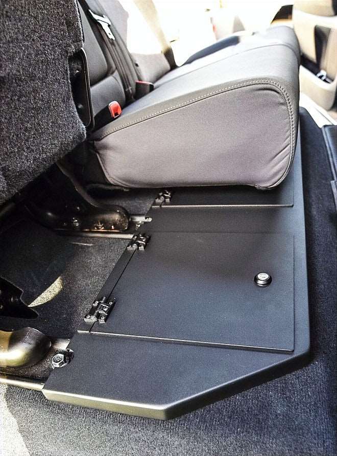 Under-seat storage system for 2014-2021 Toyota Tundra CrewMax with compartments visible