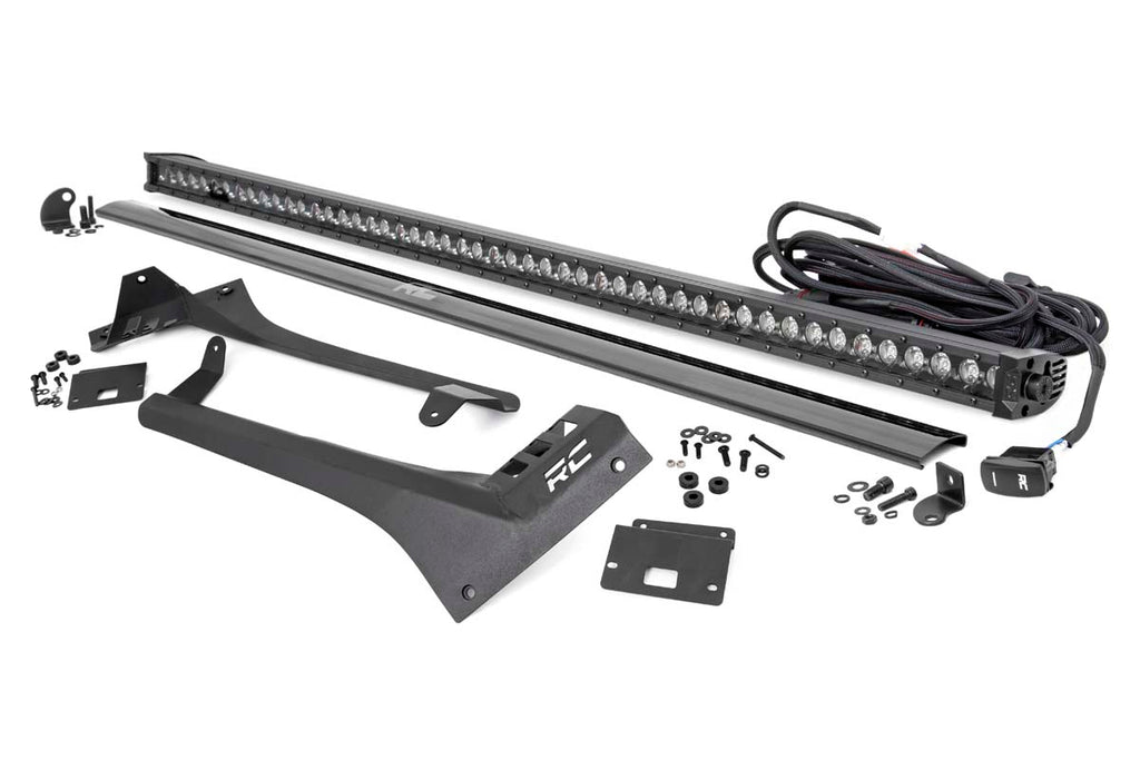 Rough Country - Jeep 50 Inch Straight LED Light Bar Upper Windshield Kit W/ Single-Row Black Series LED - White DRL (20-22 Gladiator JT 18-22 Wrangler JL) - 70066