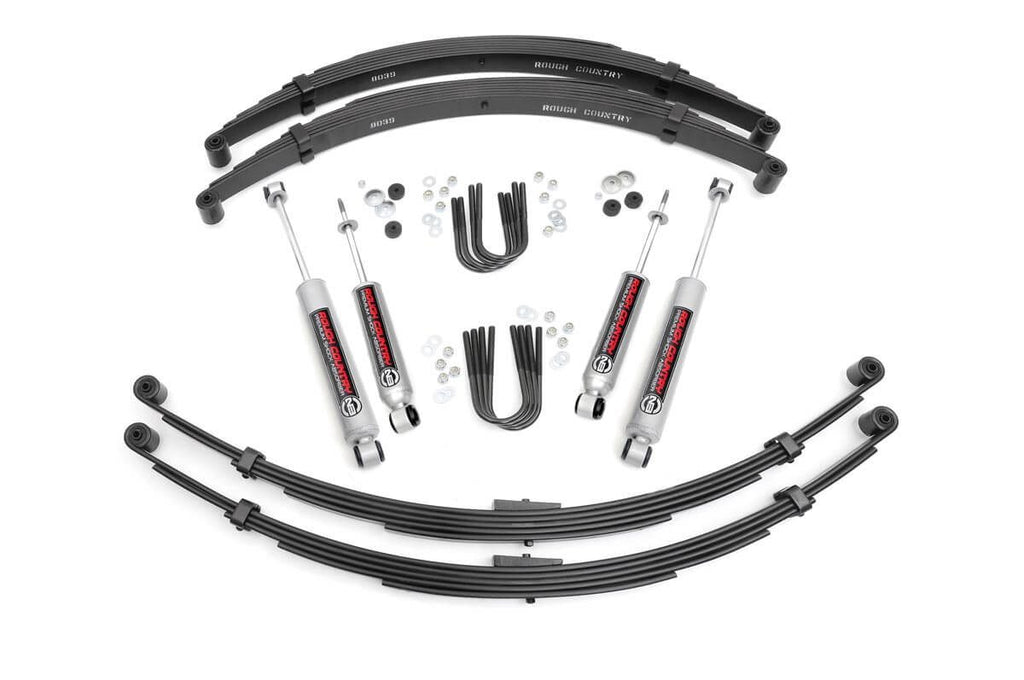 Front and rear lift kit parts for International Scout II 4WD, providing a 2.5-inch height increase