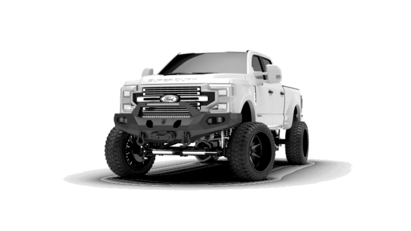 A white 2017 Ford F250 pickup truck with a Road Armor Evolution Bumper on a black background.