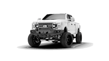 Load image into Gallery viewer, A white 2017 Ford F250 pickup truck with a Road Armor Evolution Bumper on a black background.