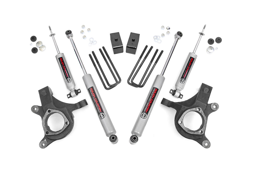 Components of the 3-inch lift kit for Chevy Silverado and GMC Sierra 1500 2WD, including front and rear lift parts