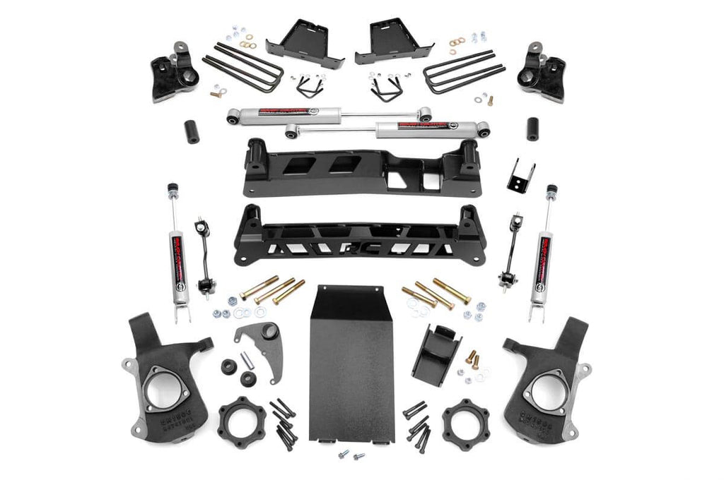 Contents of the 6-inch lift kit for Chevy Silverado and GMC Sierra 1500 4WD, including front and rear parts