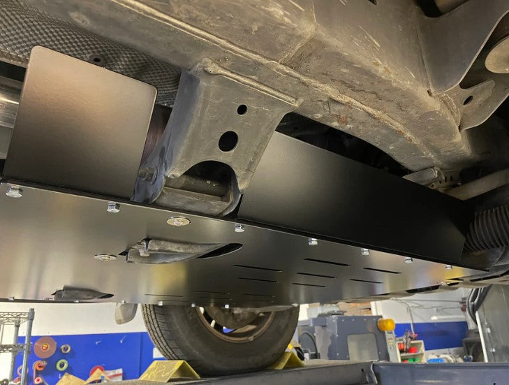 Undercarriage view showing the FSPE Catalytic Converter Guard fitted on a Toyota Sequoia