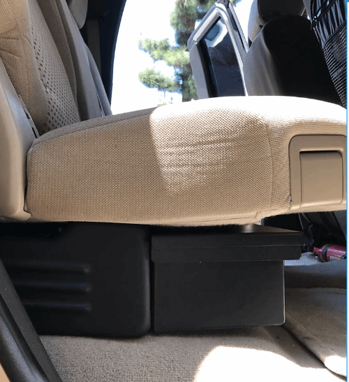 Lockable storage compartment designed to fit under the double cab seat of a 2007-2021 Toyota Tundra