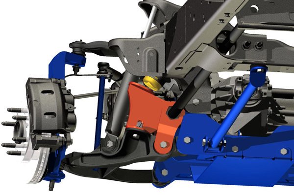 Close-up view of the 4 Inch Lift Kit for Chevy Silverado & GMC Sierra 1500 4WD highlighting the front suspension components