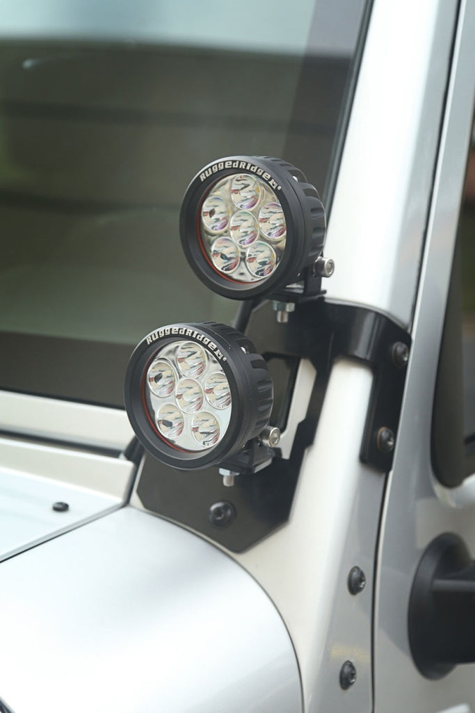 Rugged Ridge Jeep Wrangler JK Semi-Gloss Black Round A-Pillar LED Light Mount Kit