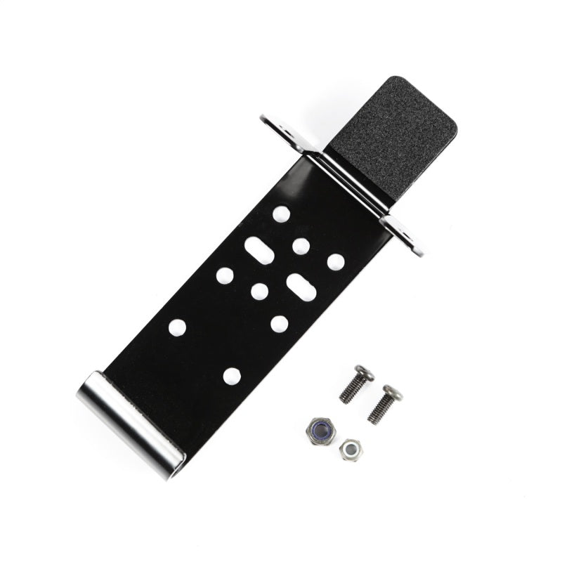 Close-up of the black metal Rugged Ridge CB radio mount with included hardware