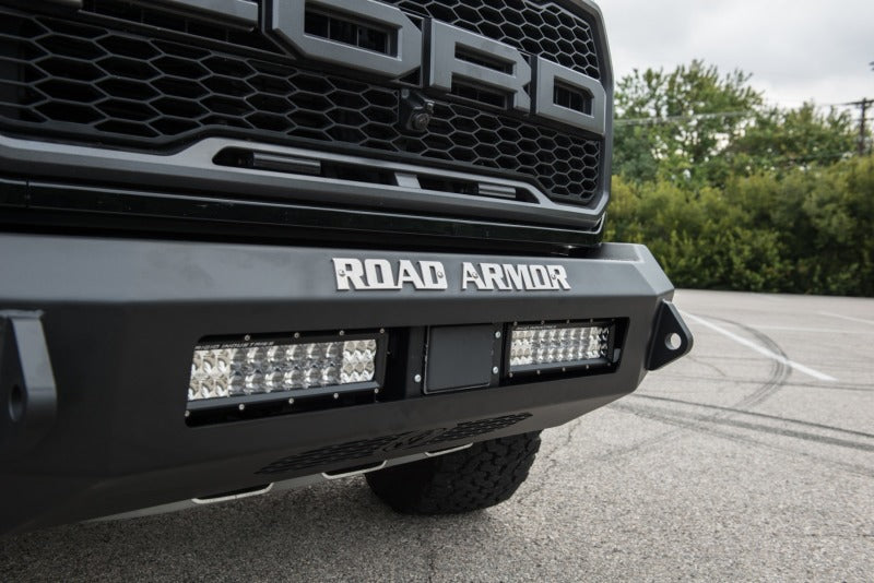 The front of the Road Armor 17-20 Ford Raptor Stealth Front Non-Winch Bumper - Tex Blk truck.