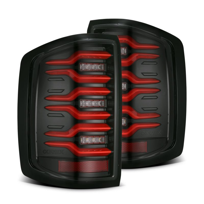 AlphaRex 14-19 Chevy Silverado 1500 Luxx-Series LED Tail Lights Black/Red w/Activ Light/Seq Signal