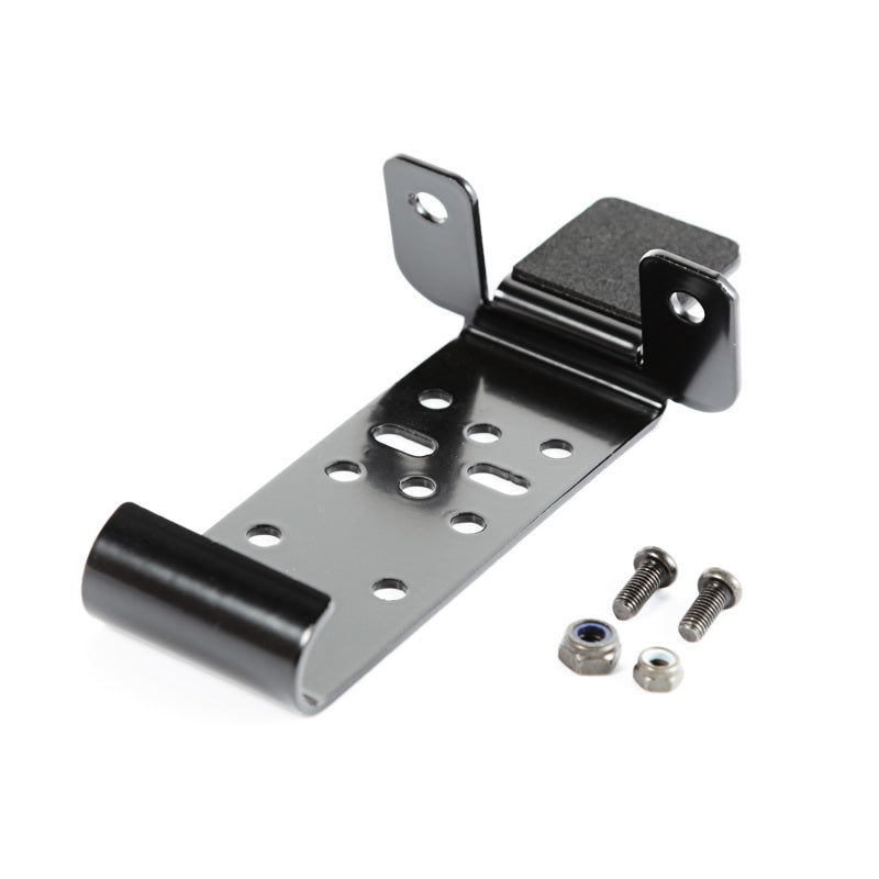 Alternate angle of the black metal CB radio mount with mounting hardware for Jeep Wrangler TJ