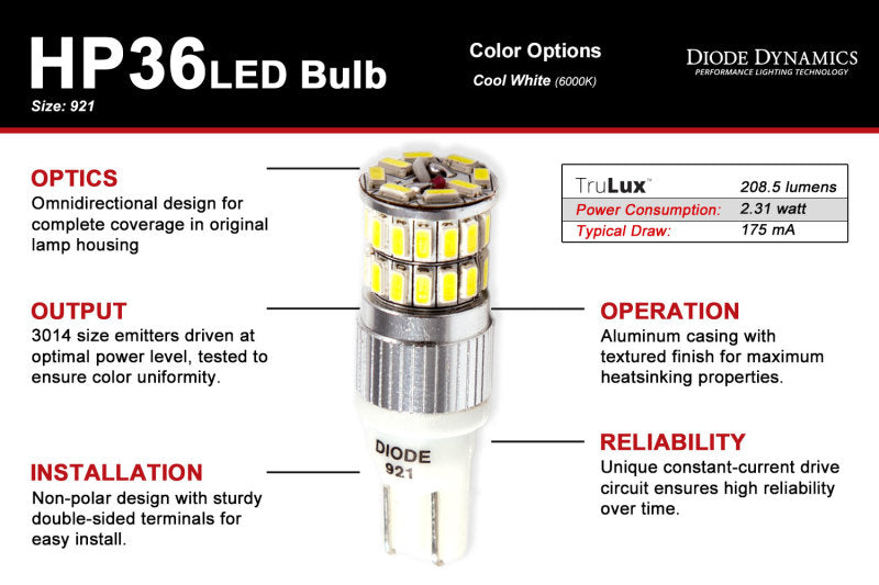 Diode Dynamics 921 LED Bulb HP36 LED - Cool - White (Pair)