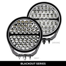 Load image into Gallery viewer, Go Rhino Xplor Blackout Series Round LED Sgl Driving Kit w/DRL (Surface/Thread Stud Mnt) 9in. - Blk