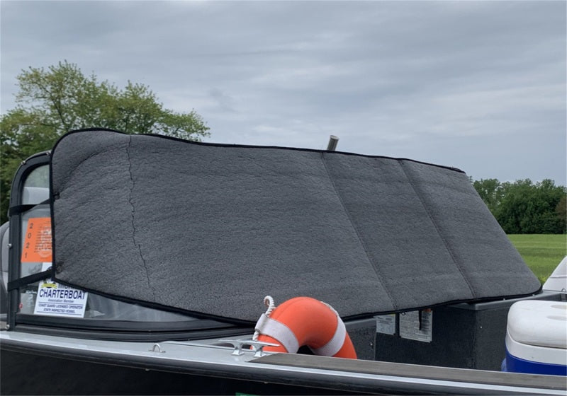 Rear view of a boat showcasing the Truxedo Boat Windshield Protector