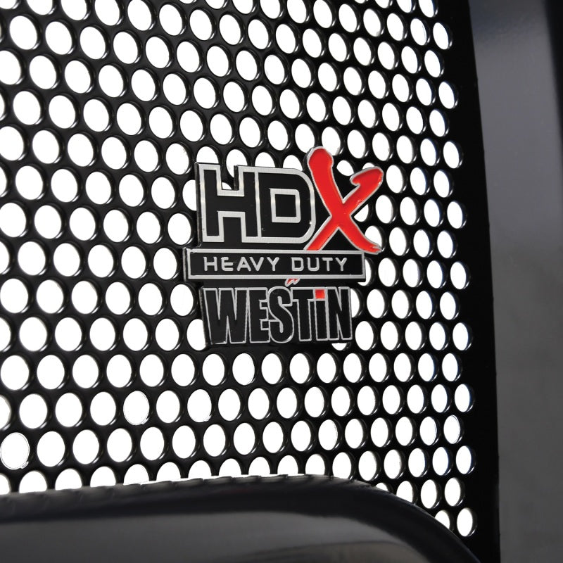 Westin HDX logo detail on the black grille guard for Ford trucks