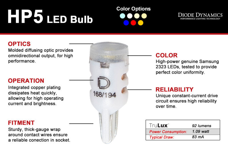 Diode Dynamics 194 LED Bulb HP5 LED Natural - White Set of 12