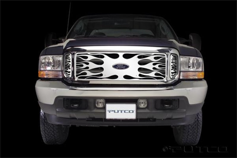Putco 99-04 Ford SuperDuty w/ Logo CutOut (incl Side Vents) Flaming Inferno Stainless Steel Grille