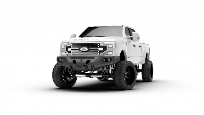 A white truck with a Road Armor 2017 Ford 250 Evolution Base Front Evolution Bumper on a black background.