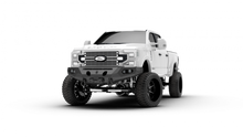 Load image into Gallery viewer, A white truck with a Road Armor 2017 Ford 250 Evolution Base Front Evolution Bumper on a black background.